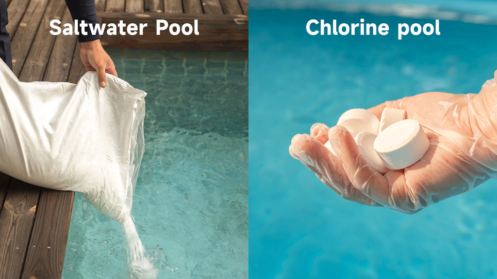 Side-by-side comparison: Pouring salt into a pool vs holding a chlorine tablet