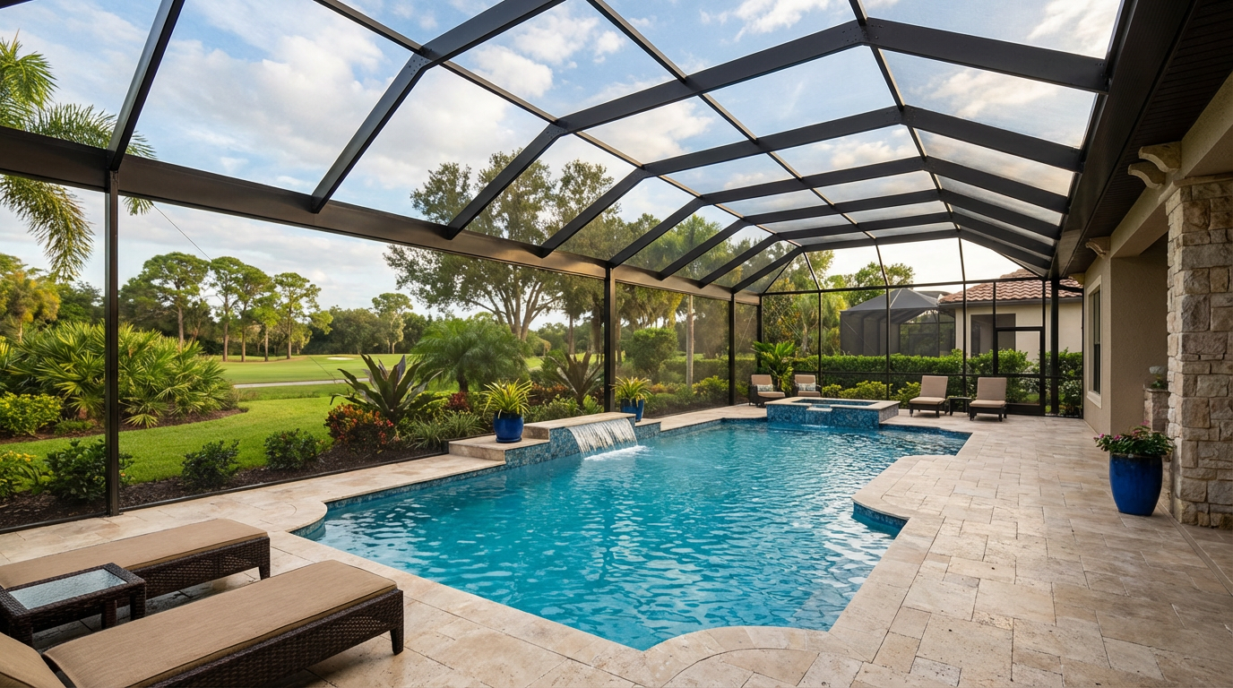 Elegant screened pool in Plantation Bay overlooking a golf course