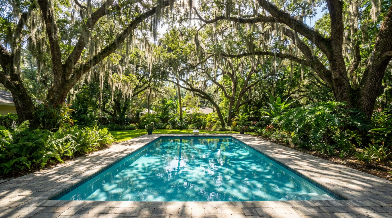 Pristine pool in The Trails surrounded by oak trees